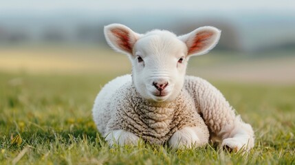 Obraz premium Close up view of an adorable fluffy white lamb lying down on vibrant green grass in a serene natural landscape bathed in soft morning light