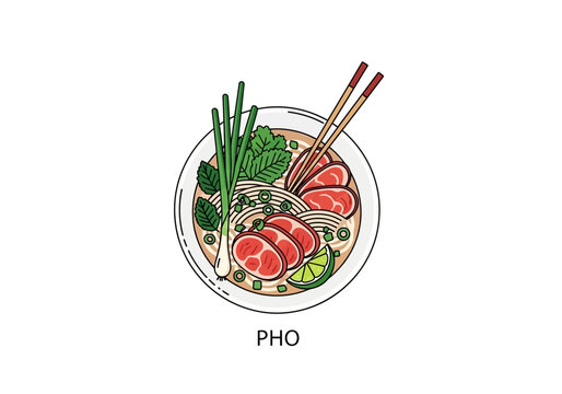 A bowl of pho with noodles meat green onions herbs lime and chopsticks Text PHO below