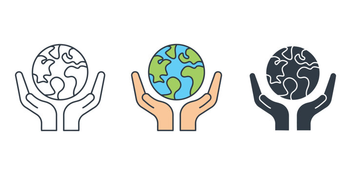 Set of Global Environment Protection Icons with Hands Holding Earth Planet