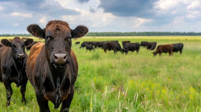A focus on a single dark brown cow in a lush green meadow with a larger herd of cattle grazing peacefully in the expansive background under a dramatic cloudy sky