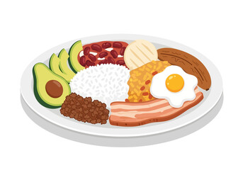 A plate holds food including avocado beans rice meat arepa plantain egg and bacon © Vector Magic