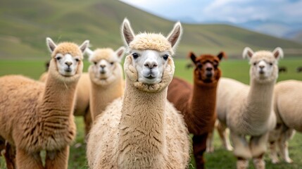 Fototapeta premium A close up portrait of a fluffy alpaca herd gathered in a vibrant green pasture set against a backdrop of rolling hills under soft natural daylight creating a serene countryside scene