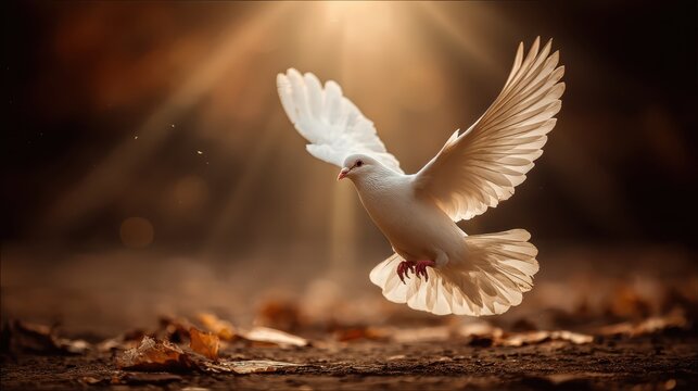 Soaring Dove of Peace: A pristine white dove, symbolizing peace, freedom, and hope, takes flight against a backdrop of ethereal sunlight, creating a serene and uplifting visual.