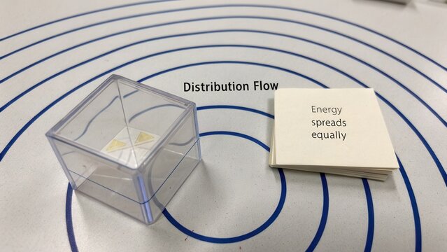 Clear container with triangles demonstrating distribution flow and energy spreading equally on a circular grid background