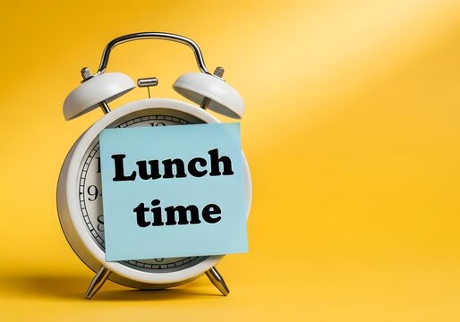 Alarm clock with a sticky note that says lunch time on a yellow background