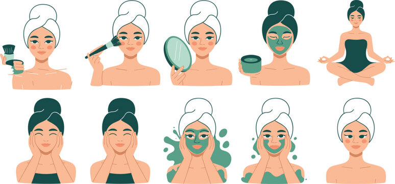 Cute woman beauty skincare routine vector set with face mask makeup application and meditation icons for spa wellness design, 19 words.