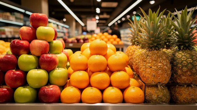 Fresh apples oranges and pineapples stacked in pyramid shapes in a supermarket fruit section