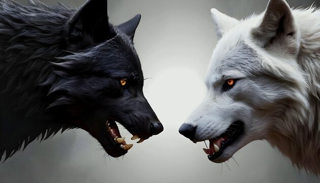 Concept art depicting a confrontation between a white wolf and a black wolf symbolizing the eternal struggle between good and evil, created with generative ai
