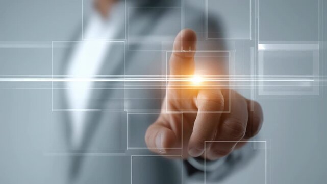 Hand presses glowing button on transparent interface. Businessman wears suit, focused on digital action. Light pulses as finger connects to futuristic grid. Ideal for tech, innovation