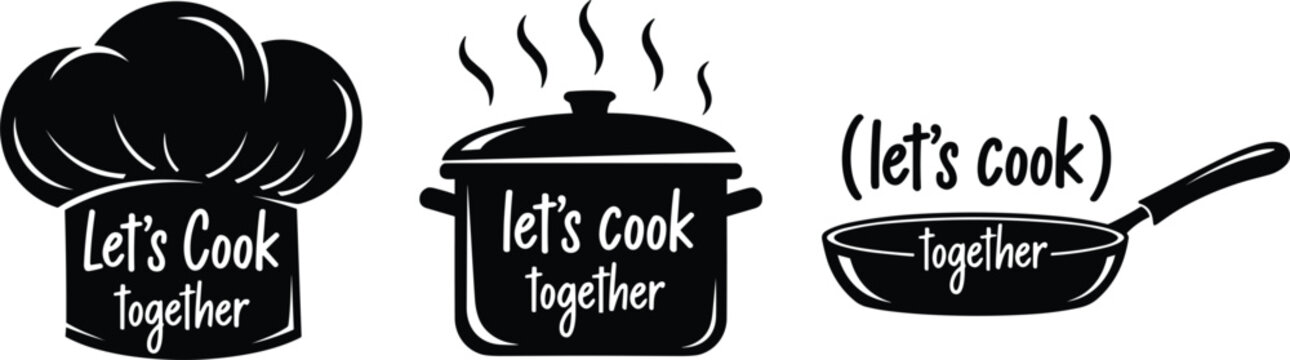 Cooking logo set featuring chef hat steaming pot and frying pan with lets cook together text for restaurant branding