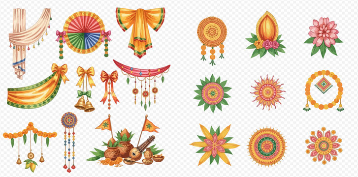 Set of Indian festival decorations with traditional elements and cultural motifs, perfect for celebrations and events.