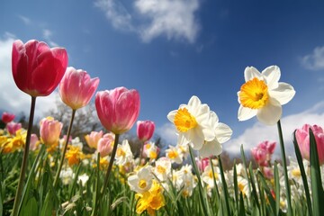 Fototapeta premium Blossoming Field: A vibrant field of tulips and daffodils dances beneath a clear blue sky, evoking the freshness and beauty of spring.