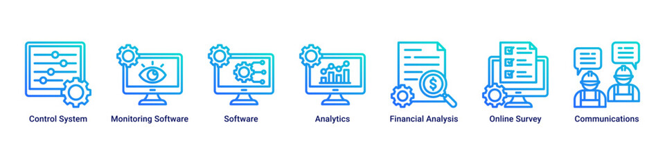Obraz premium Project Control web banner icon vector illustration with icons of Control System,Monitoring Software,Software,Analytics,Financial Analysis,Online Survey and Communications