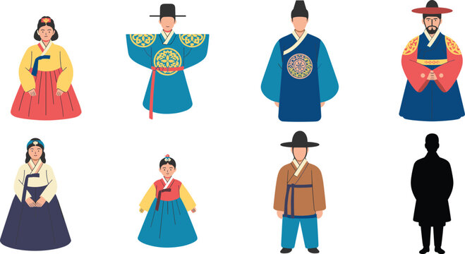 Traditional Korean Hanbok character vector set featuring male and female figures in historic royal and folk clothing, 17 words.