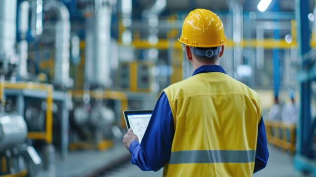 Focused on a digital tablet an engineer in safety gear surveys a bustling high tech manufacturing plant observing intricate production equipment and elaborate piping systems