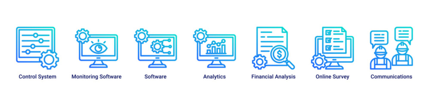 Project Control web banner icon vector illustration with icons of Control System,Monitoring Software,Software,Analytics,Financial Analysis,Online Survey and Communications