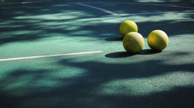 80.Three balls positioned on a playground with visible scuff marks and rubber flooring, early morning light illuminating subtle surface details and surrounding lines.