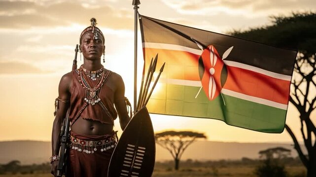 Proud Young Indigenous Man in Traditional Attire with National Flag at Sunset Savanna
