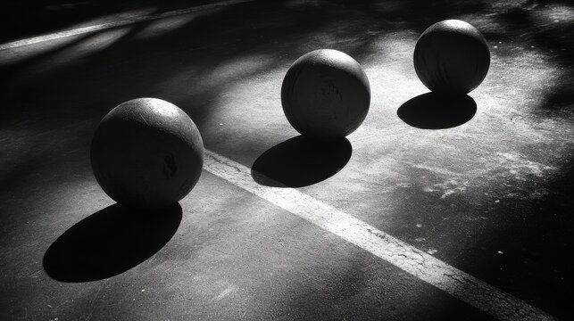 80.Three balls positioned on a playground with visible scuff marks and rubber flooring, early morning light illuminating subtle surface details and surrounding lines.