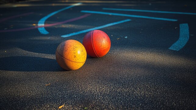 80.Three balls positioned on a playground with visible scuff marks and rubber flooring, early morning light illuminating subtle surface details and surrounding lines.