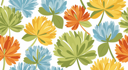 Fototapeta premium Colorful flowers with green leaves pattern.