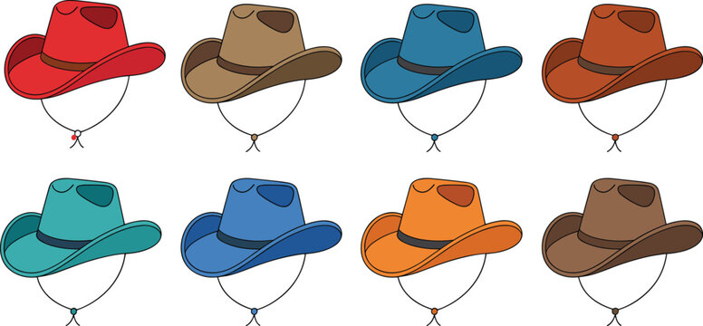Colorful cowboy hat vector set featuring western style headwear icons for rodeo country music and wild west design, 18 words