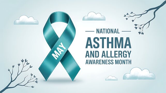 Teal asthma and allergy awareness month ribbon with May text on cloudy sky background, healthcare concept for national awareness.