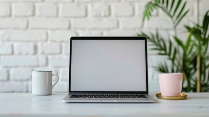 Fototapeta premium An organized workspace with a modern laptop displaying a blank screen accompanied by a white and a pink mug set on a clean desk with a backdrop of a white brick wall and a vibrant green plant