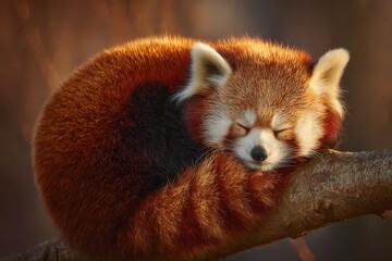 Fototapeta premium Red Panda Dreamscape: A captivating close-up captures a tranquil red panda nestled serenely on a tree branch, its eyes gently closed in peaceful repose, enveloped by the warm hues of the sunlight.