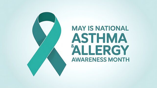 National asthma and allergy awareness month poster with teal ribbon symbol on light blue background for healthcare campaign held every May for respiratory health and wellness advocacy.