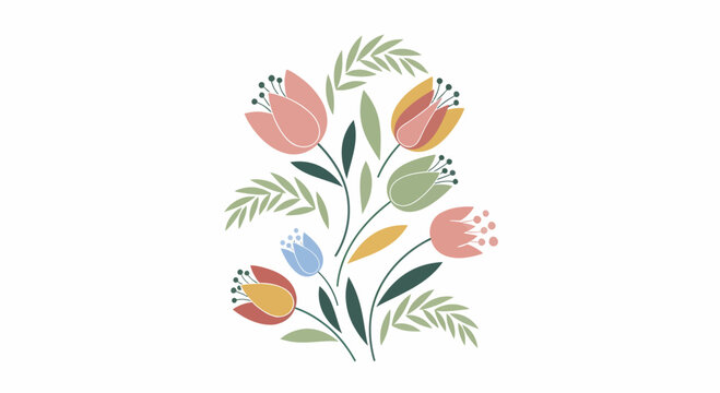 Colorful Tulips and Leaves Illustration.