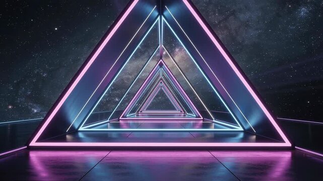 Futuristic neon light tunnel with glowing triangular shapes and starry galaxy background