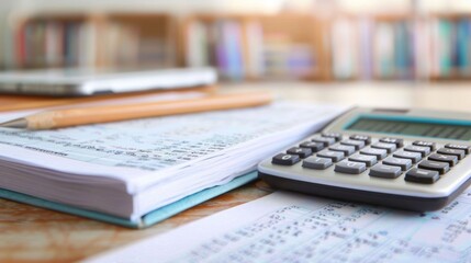 Obraz premium A detailed close up view of financial tools including a calculator and ledger on a desk alongside a pencil and mobile device set against a blurred background of books