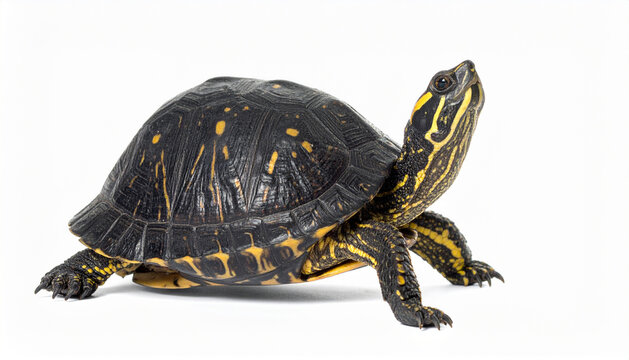 A turtle with a black and yellow shell is standing on a white background.