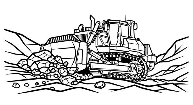 Bulldozer pushing rocks on construction site.
