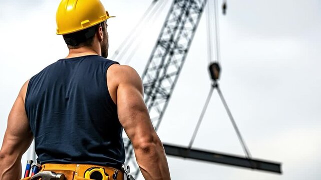 Muscular Male Construction Worker in Yellow Hard Hat Watching Crane Lift Steel Beam