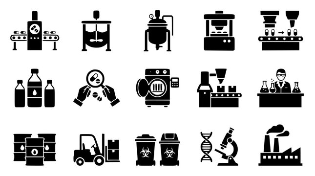 Pharmaceutical factory and laboratory equipment vector graphic illustration set