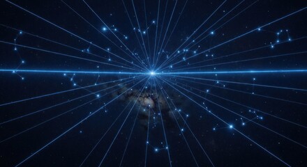Fototapeta premium A network of light beams connecting star-like points, centered over a galaxy