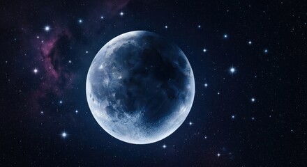 Fototapeta premium A luminous full moon shines in a dark night sky filled with twinkling stars and cosmic clouds