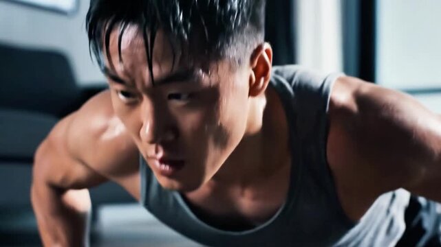 A close-up of a focused man with short black hair wearing a gray tank top