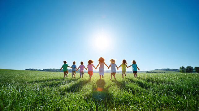 Back view of a diverse group of preschool children holding hands and running together across a green field towards the bright sun, symbolizing freedom and friendship.