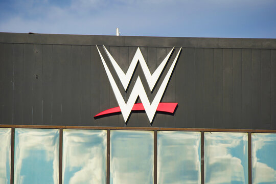 The World Wrestling Entertainment, WWE, logo on  the headquarters in Stamford, CT  USA on April 16, 2020.