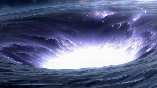 Ethereal cosmic vortex of swirling purple and white clouds emits a brilliant light evoking a sense of wonder mystery and otherworldly beauty in deep space