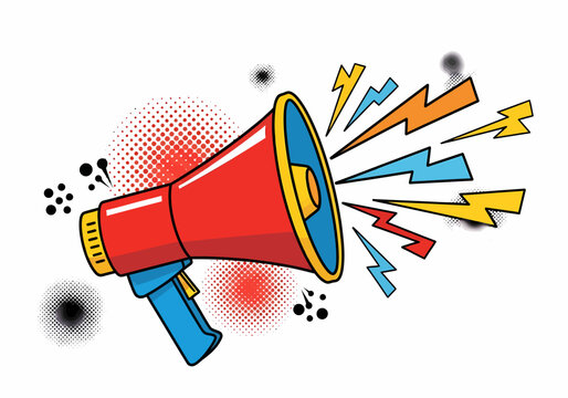 Vibrant Red Megaphone with Colorful Lights.