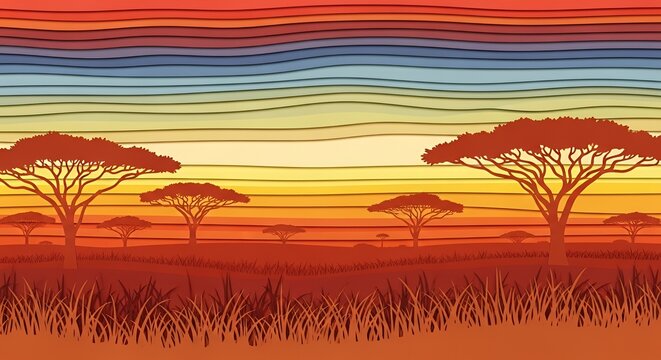 Vibrant African sunset with acacia trees.
