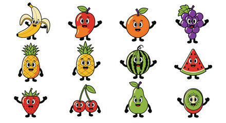 Obraz premium Cartoon fruits with smiling faces.