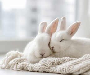 Obraz premium Cuddling Rabbits: Two fluffy white rabbits snuggle together on a soft, knitted blanket, their eyes gently closed in peaceful repose, evoking feelings of serenity and contentment.