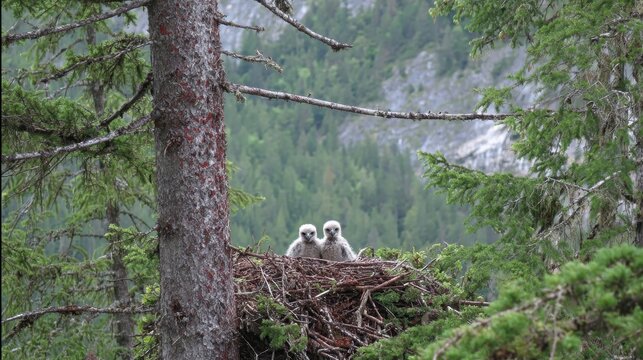 Eagle Chicks Nestled: A captivating view captures the intimate moment of two eaglets comfortably nestled in their lofty nest, perched high amidst a dense, verdant forest.