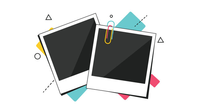 Two blank instant photo frames overlapping with a paperclip on a colorful abstract background for memory design.