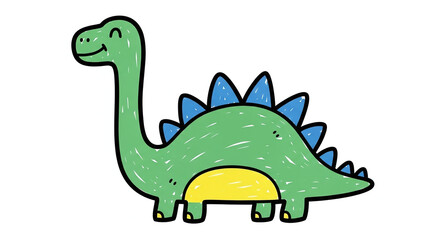Fototapeta premium Cute green cartoon dinosaur with blue spikes, yellow belly, and smiling face, isolated on white background, children's illustration style, hand drawn, cute animal